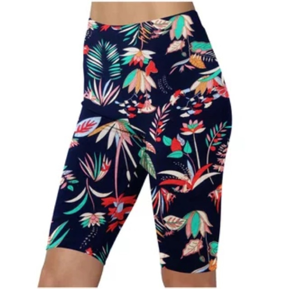 Women’s Stretchy Tummy Control Trousers- Blue with Tropical - L/XL